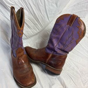 BOULET Brown purple leather square toe western cowboy boots size 9